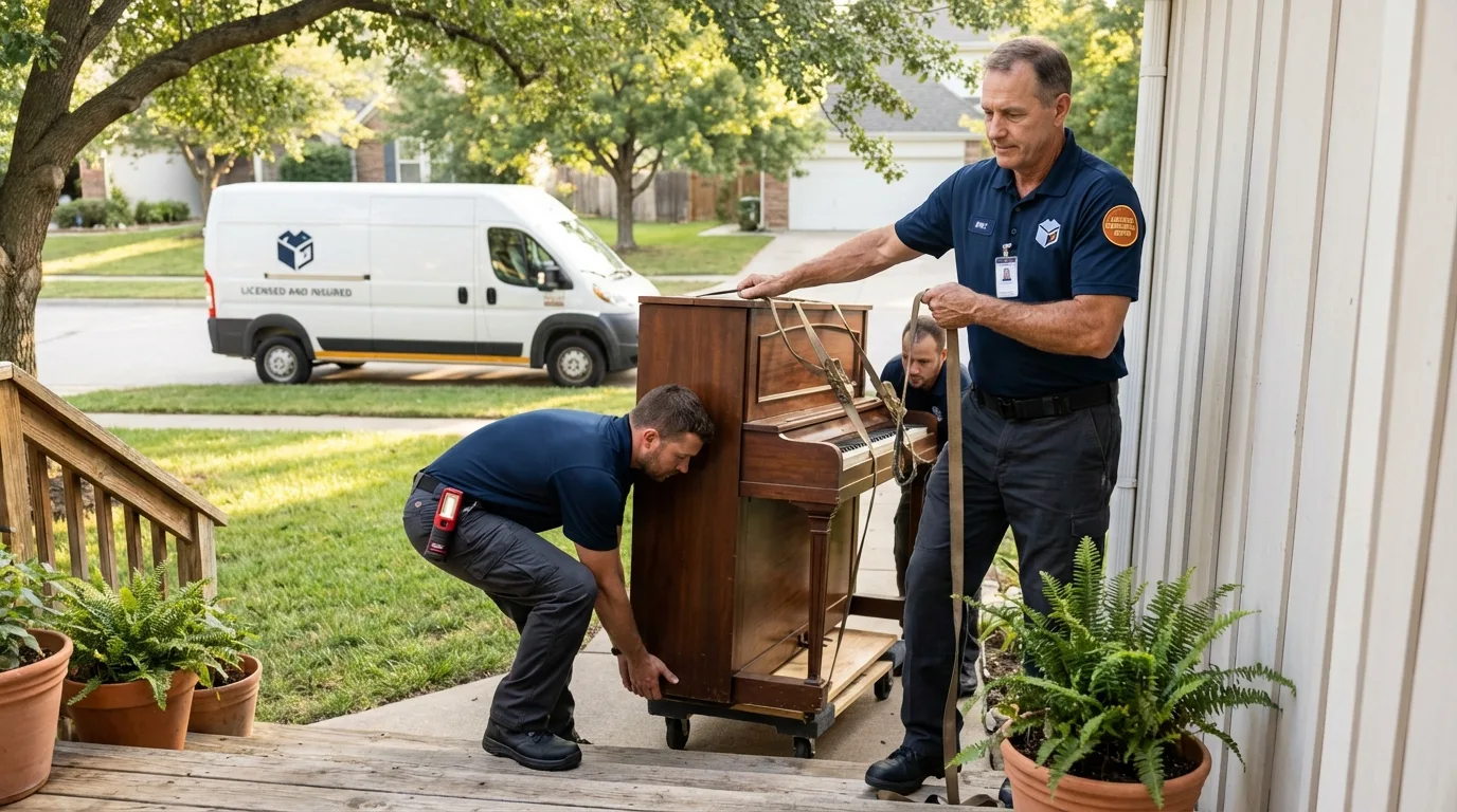 Licensed piano movers securing grand piano in Acworth, GA