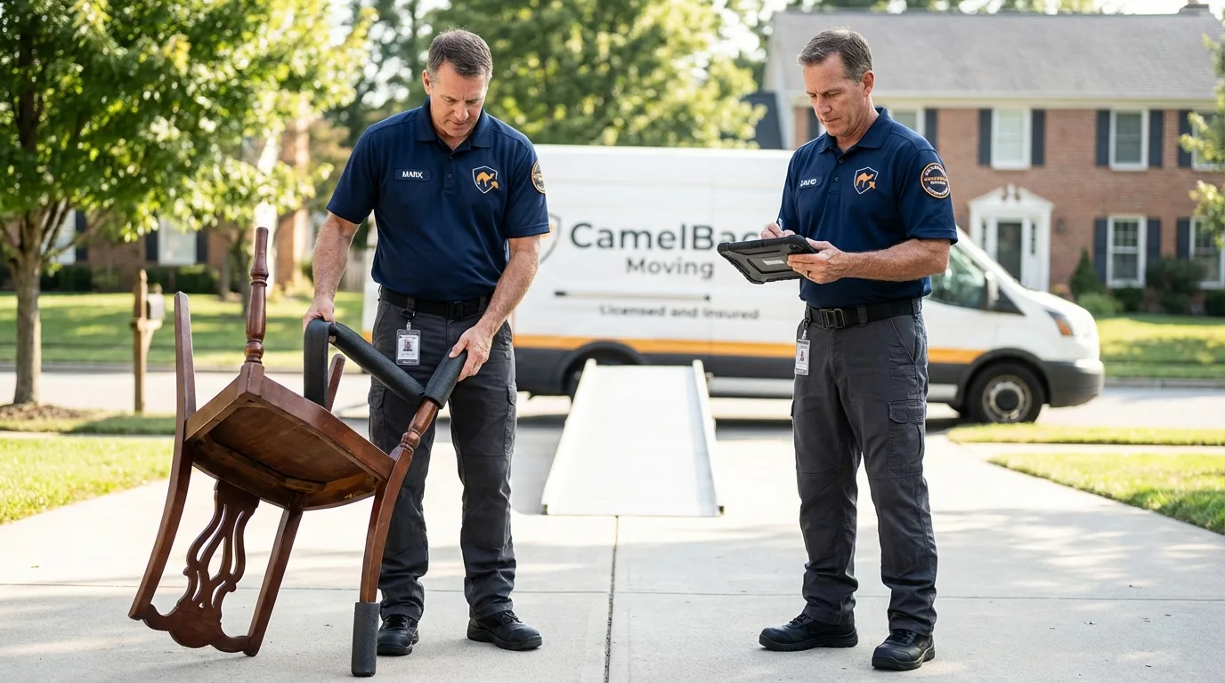 Movers inspecting furniture for damage prevention before loading in Acworth, GA