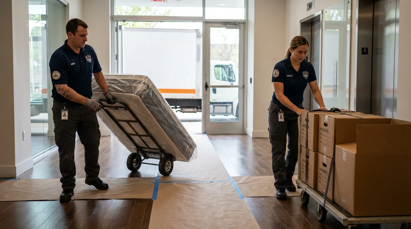 Professional apartment movers loading elevator in Acworth, GA